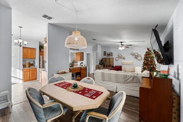 a view of a dining room with furniture