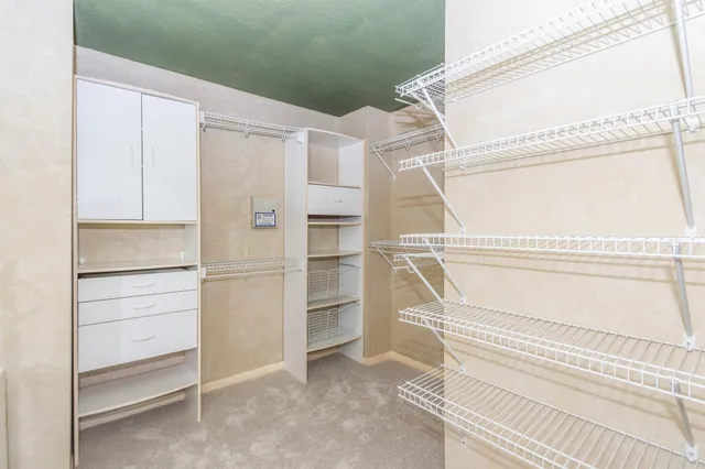 a view of walk in closet with empty racks