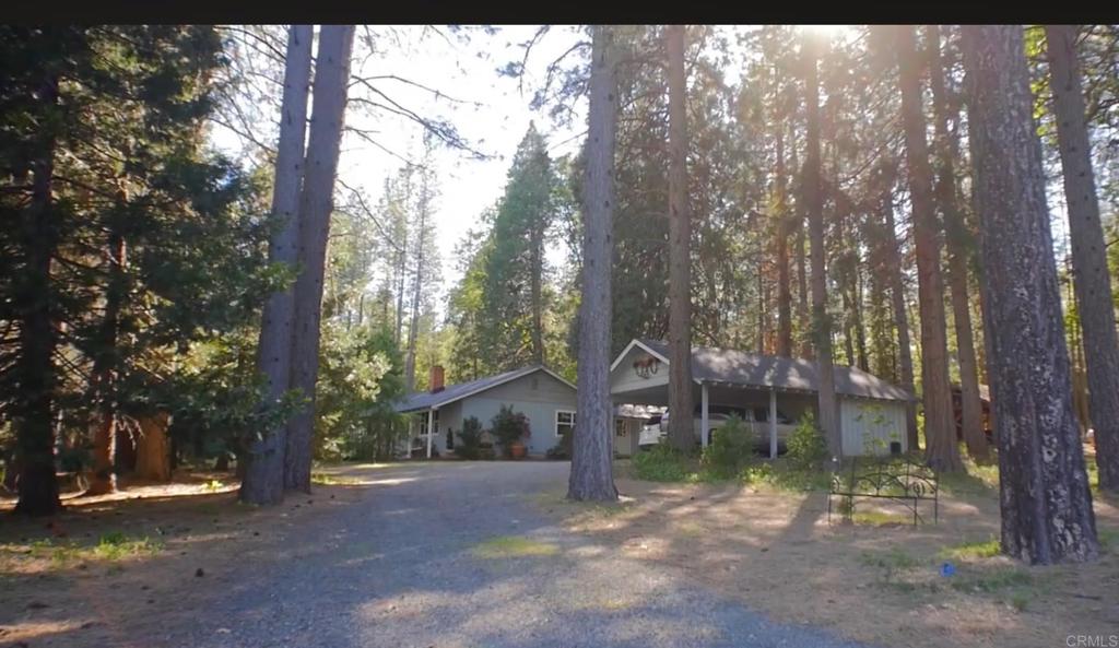 a view of a house with a yard and large trees