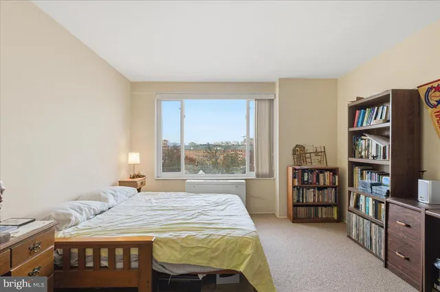 a bedroom with a bed and a book shelf