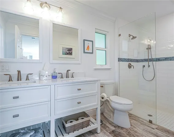 a bathroom with a toilet sink vanity and shower