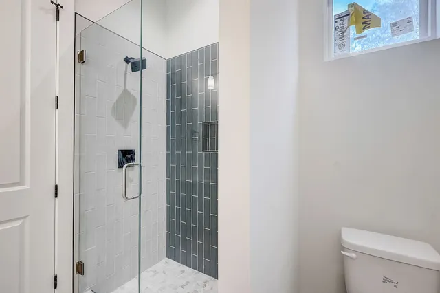 a bathroom with a shower and toilet
