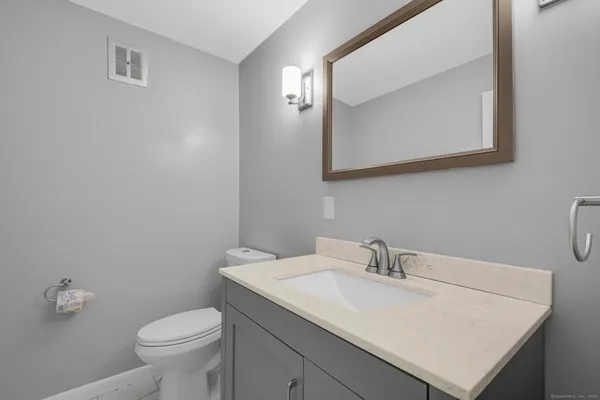 a bathroom with a sink vanity and a toilet