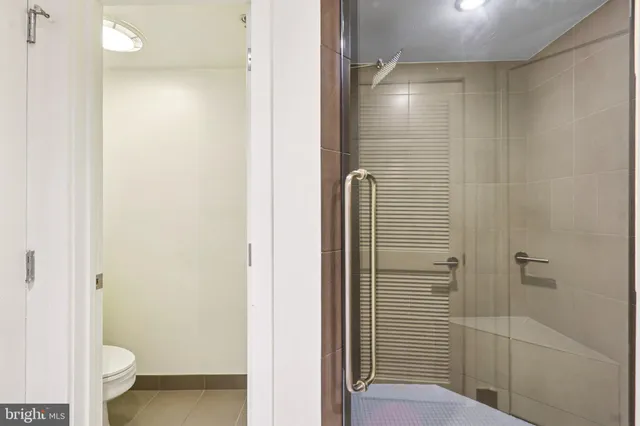 a bathroom with a shower and a toilet