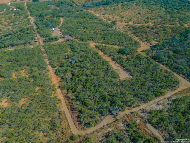 an aerial view of residential house with outdoor space and trees all around