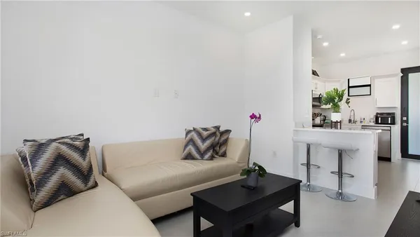 a living room with furniture and a potted plant