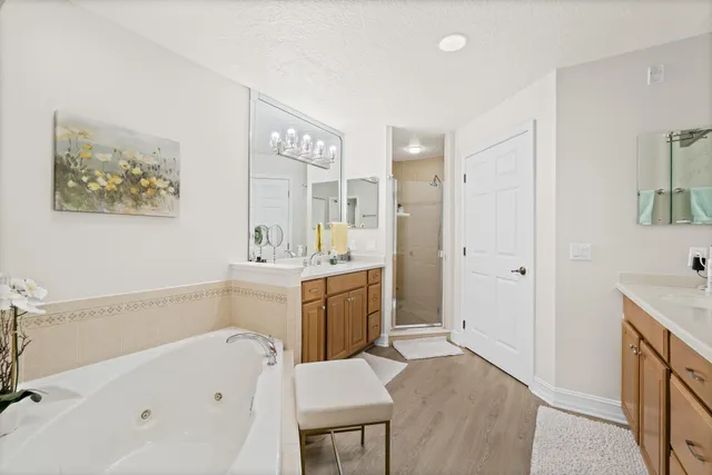 a bathroom with a bathtub