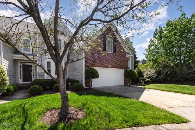 a view of a yard in front of a house with plants and large tree