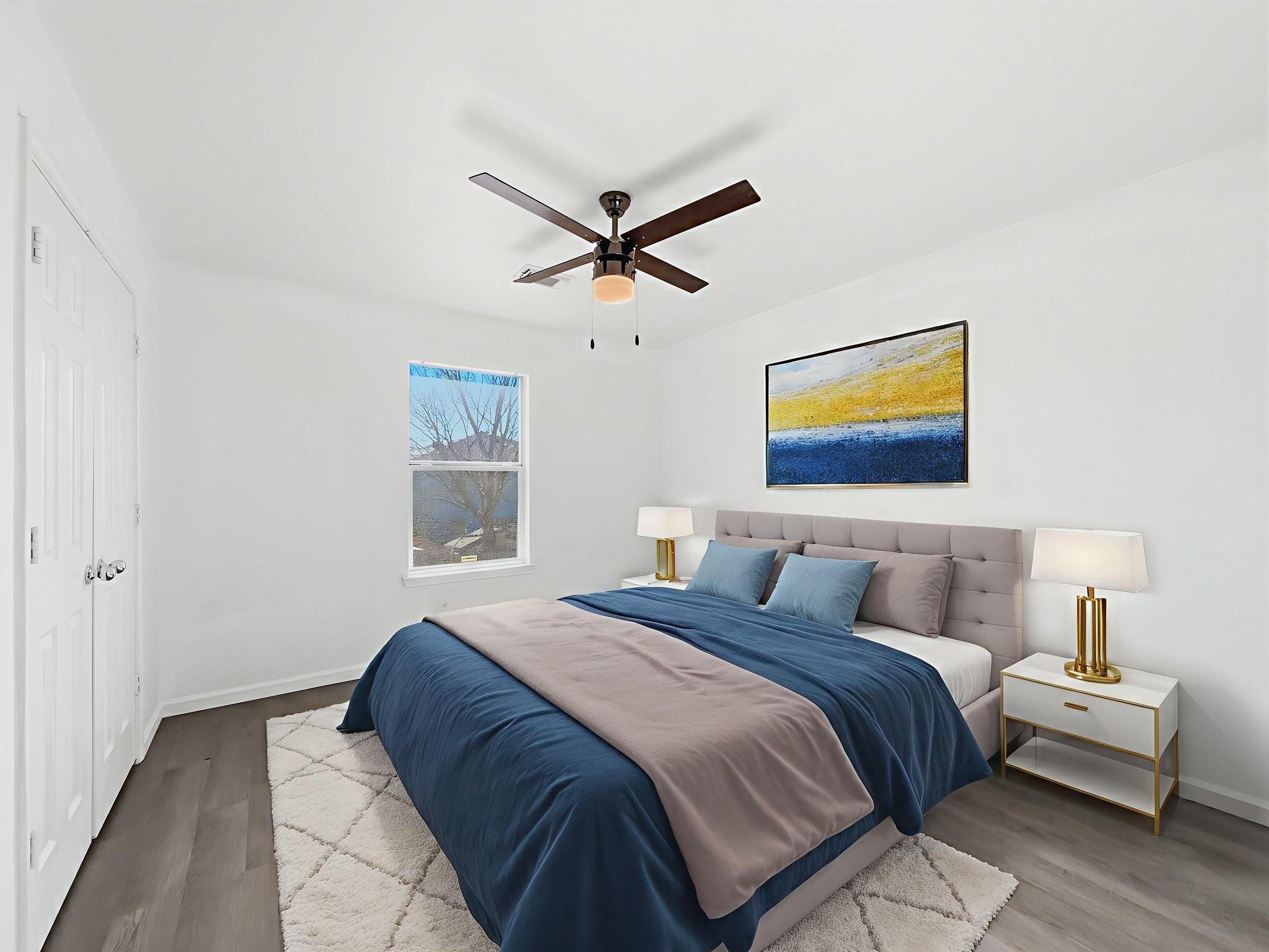 4907 Fox Mill Lane Spring, TX 77389 - Photo 16 of 18 a bedroom with bed and a chandelier