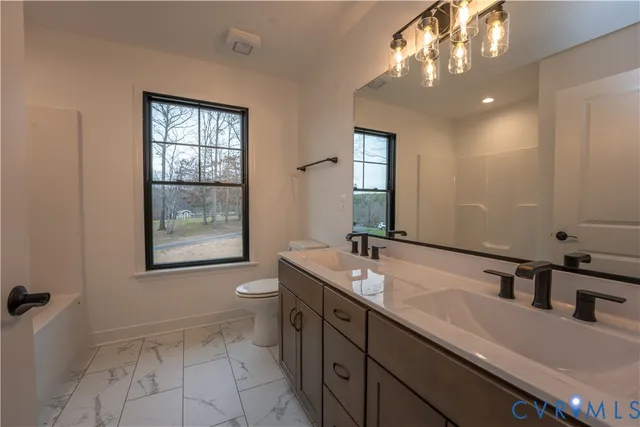 a bathroom with a double vanity sink a toilet and a mirror