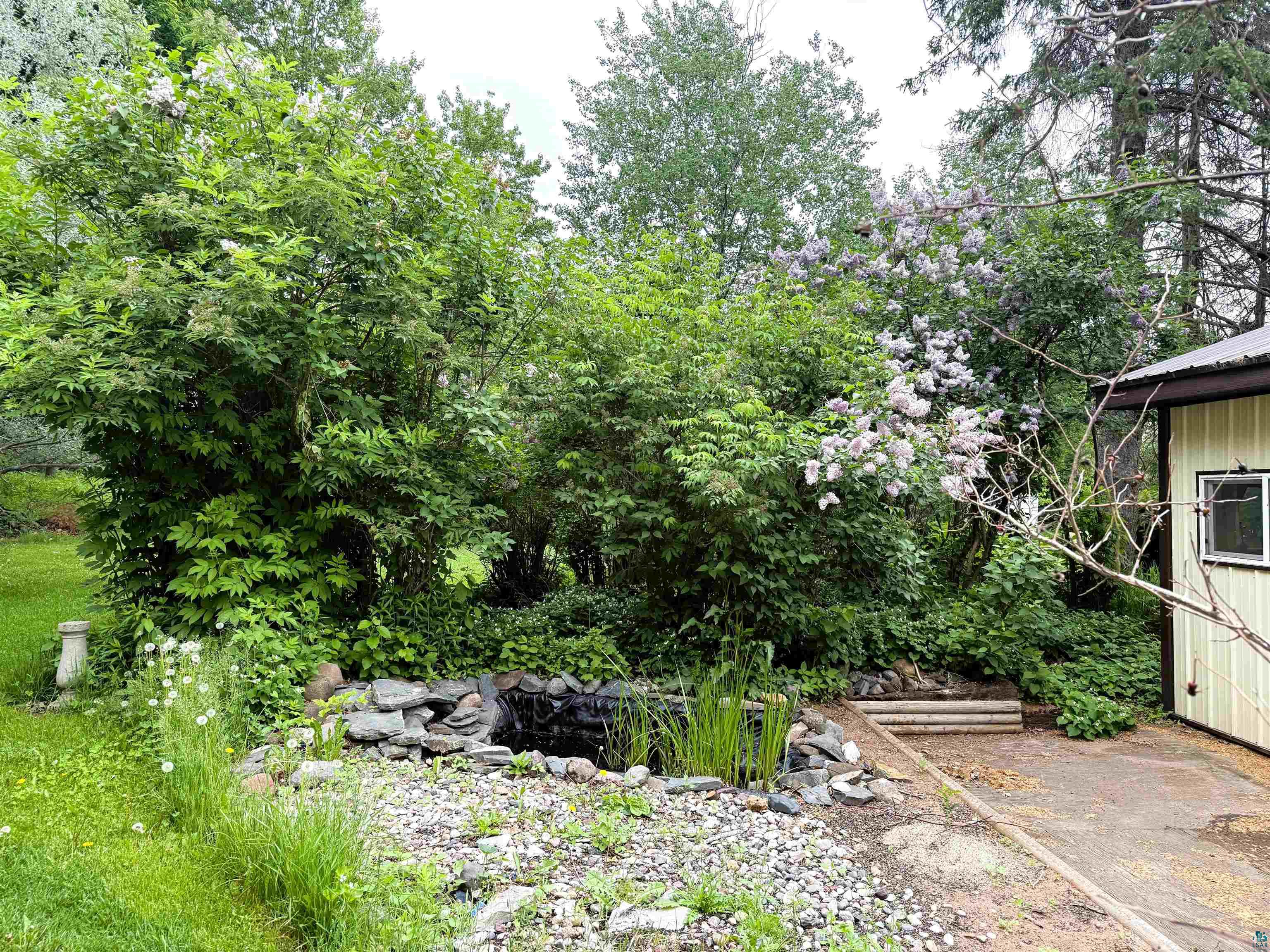 3541 Bent Trout Lake Road Barnum, MN 55707 - Photo 26 of 41 Lush landscaping with mature shrubs and trees, featuring a rock-lined water feature with aquatic plants, a gravel ground covering, and a partial view of a light-colored exterior wall with a window