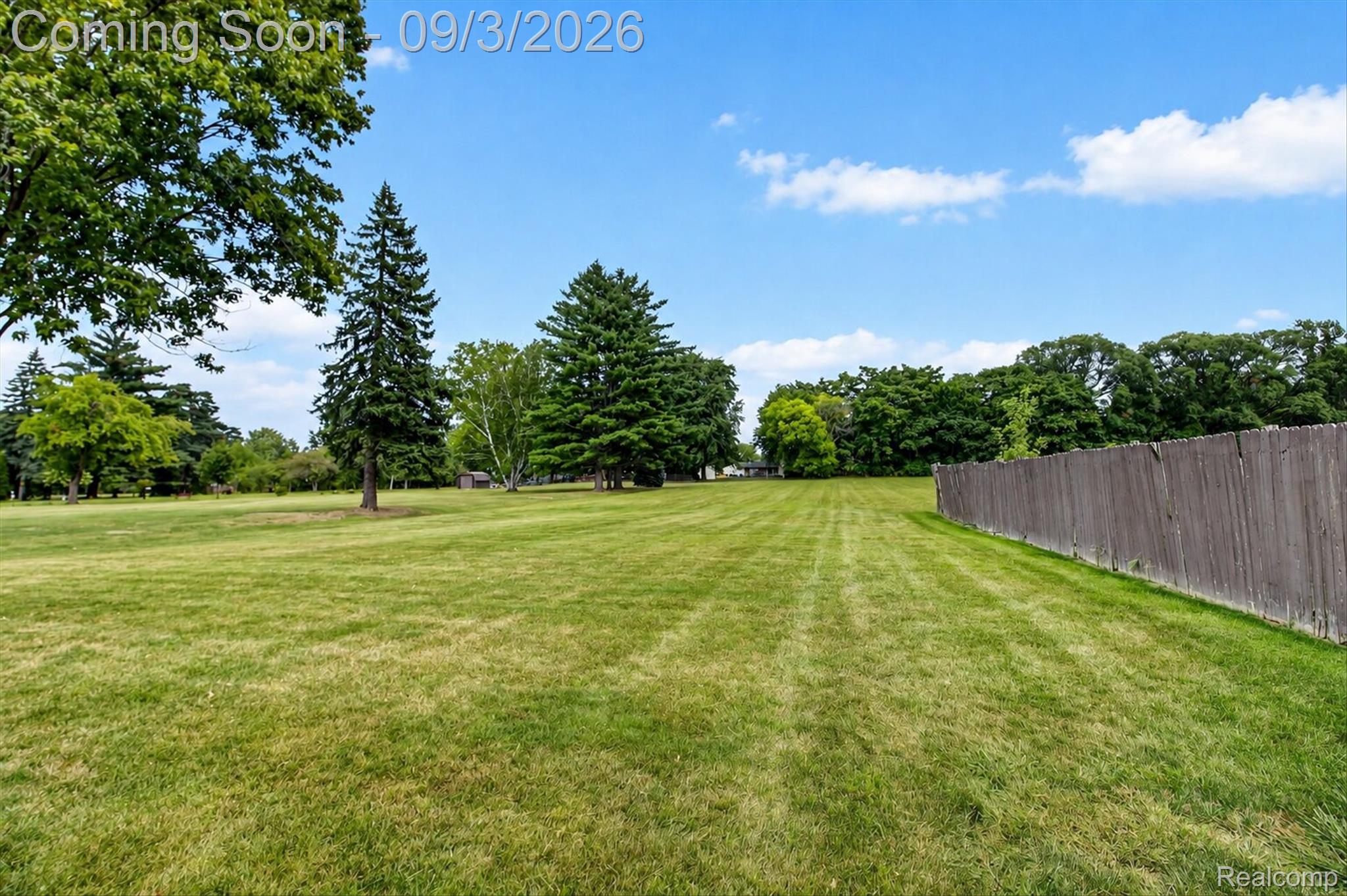 27260 Campbell Road Warren, MI 48093 - Photo 60 of 60 Expansive lawn area with mature trees and a wood fence