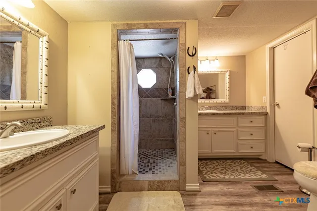 a bathroom with a granite countertop sink a mirror and a shower