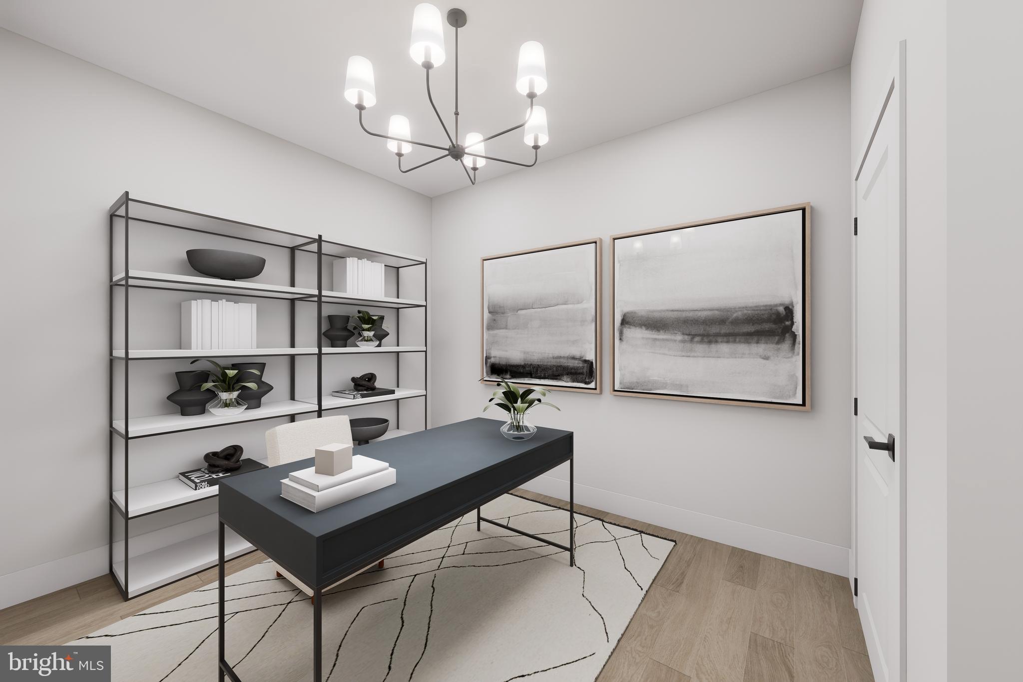 1121 Fortune Terrace, Unit 302 Potomac, MD 20854 - Photo 6 of 10 a workspace with wooden floor and a bookshelf