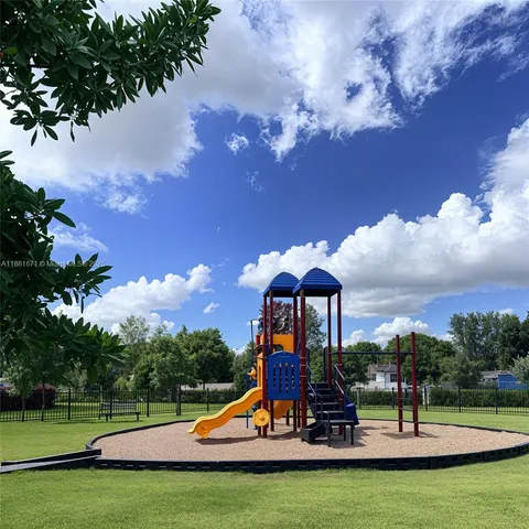 a view of a park with slide