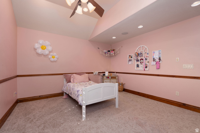 687 South 2080th Street East Springville, UT 84663 - Photo 54 of 149 Spacious room with a vaulted ceiling, recessed lighting, and a ceiling fan