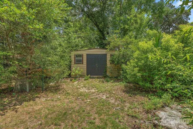 a backyard of a house with plants and large tree