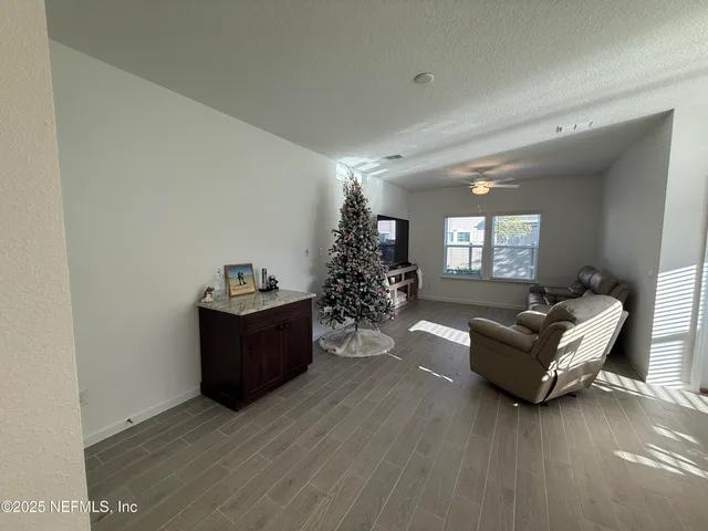 a living room with furniture and a potted plant