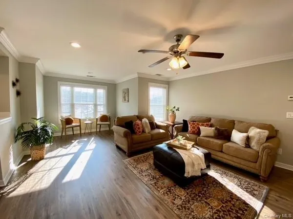 a living room with furniture a ceiling fan and a rug