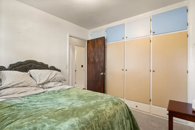 a bedroom with a bed and a closet