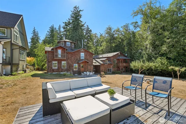 a view of a city with large trees