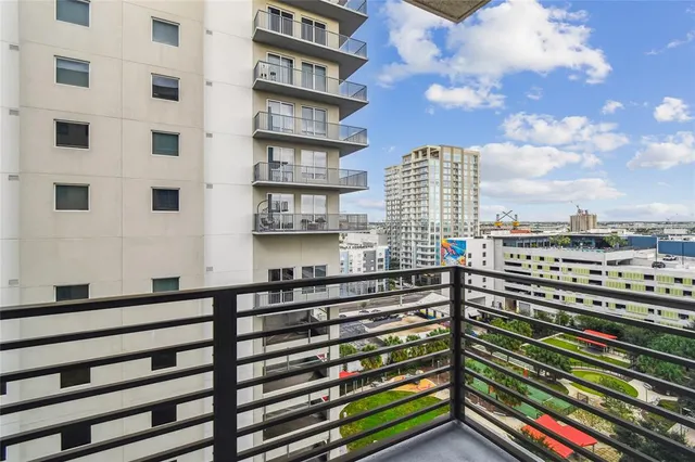 a city view with tall buildings