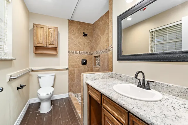 a bathroom with a sink a toilet and a mirror