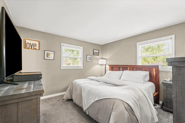 a bedroom with a bed and a desk