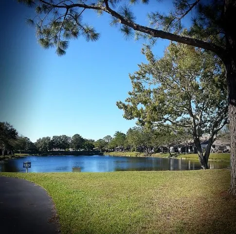 a view of a lake with a yard