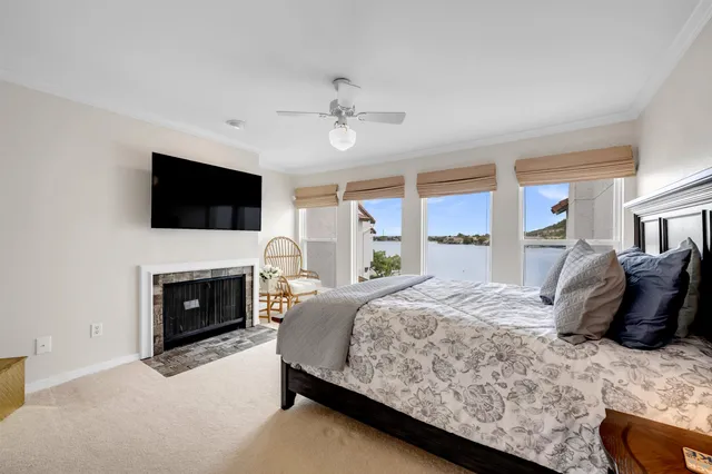 a bedroom with a bed a fireplace and a flat screen television