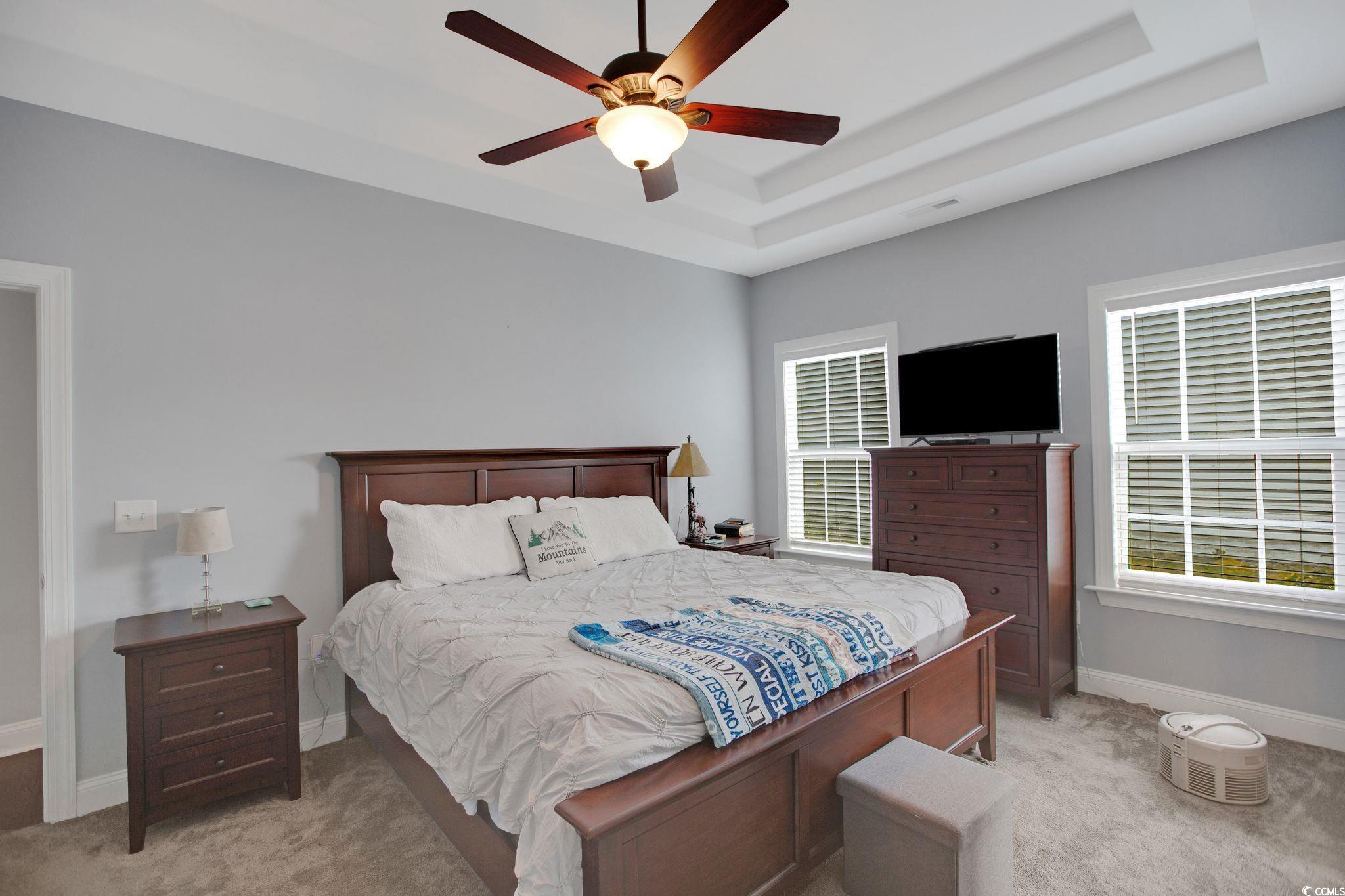 607 Garden Avenue Georgetown, SC 29440 - Photo 15 of 35 Bedroom with light colored carpet, ceiling fan, and a tray ceiling