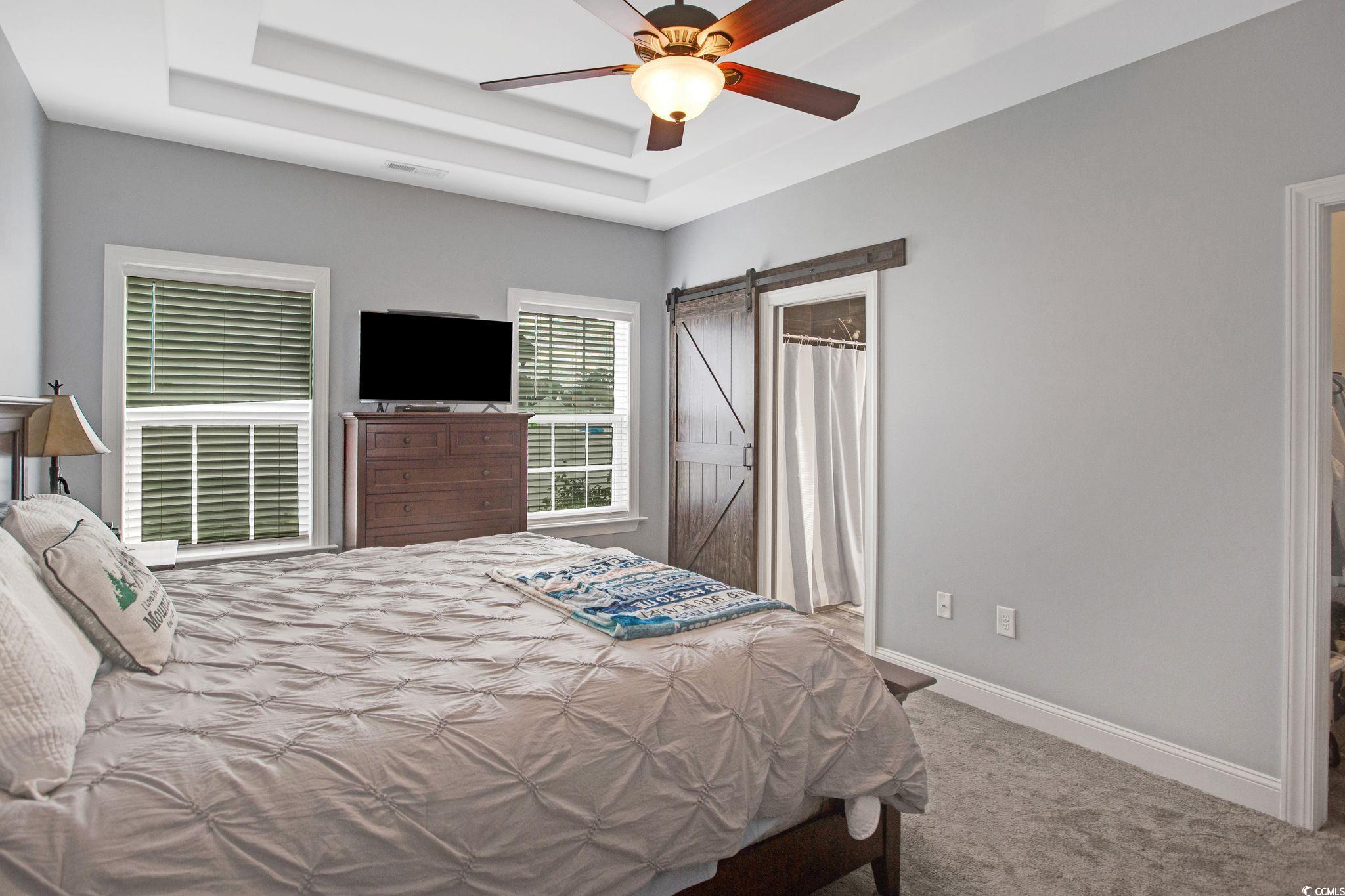 607 Garden Avenue Georgetown, SC 29440 - Photo 17 of 35 Carpeted bedroom with a barn door, ceiling fan, and a tray ceiling