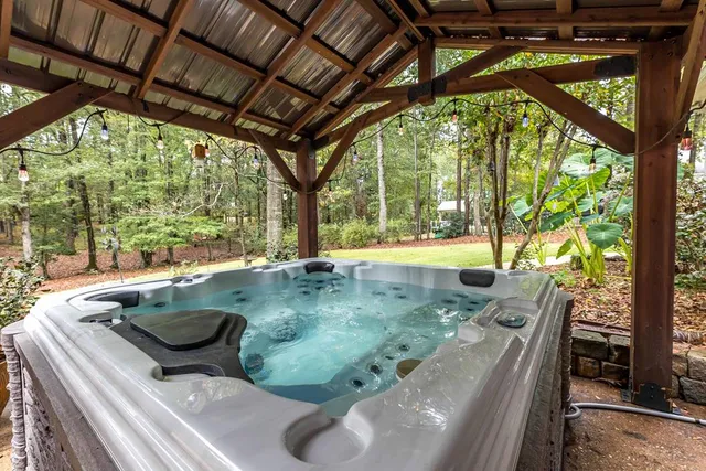 a view of a park with large trees