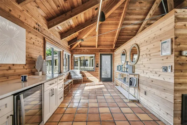 a view of a swimming pool and an outdoor space