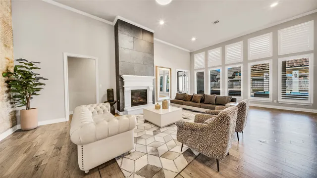 a living room with furniture fireplace and potted plants
