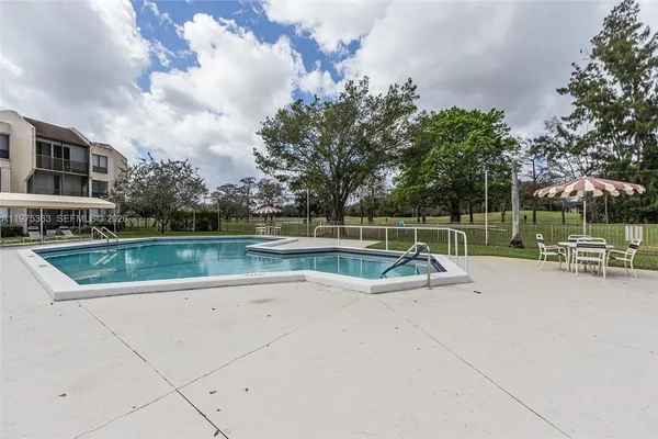 a view of a swimming pool with a yard