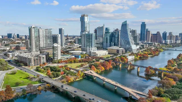 a view of a city with tall buildings