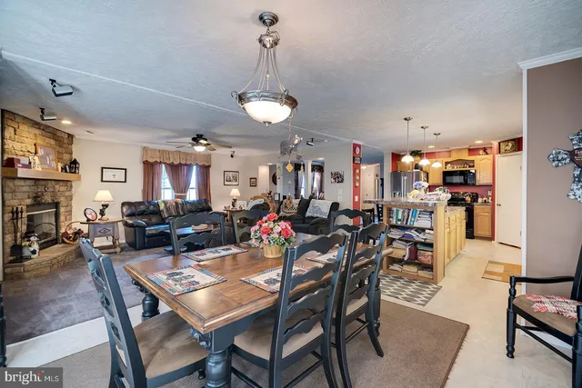 a view of a dining room with furniture