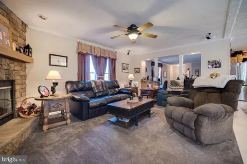 a living room with furniture and a fireplace