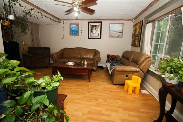 a living room with furniture flowers and a chandelier