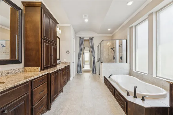 a bathroom with a granite countertop tub sink shower and mirror