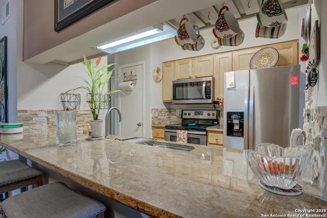 a kitchen with stainless steel appliances granite countertop a sink and a refrigerator