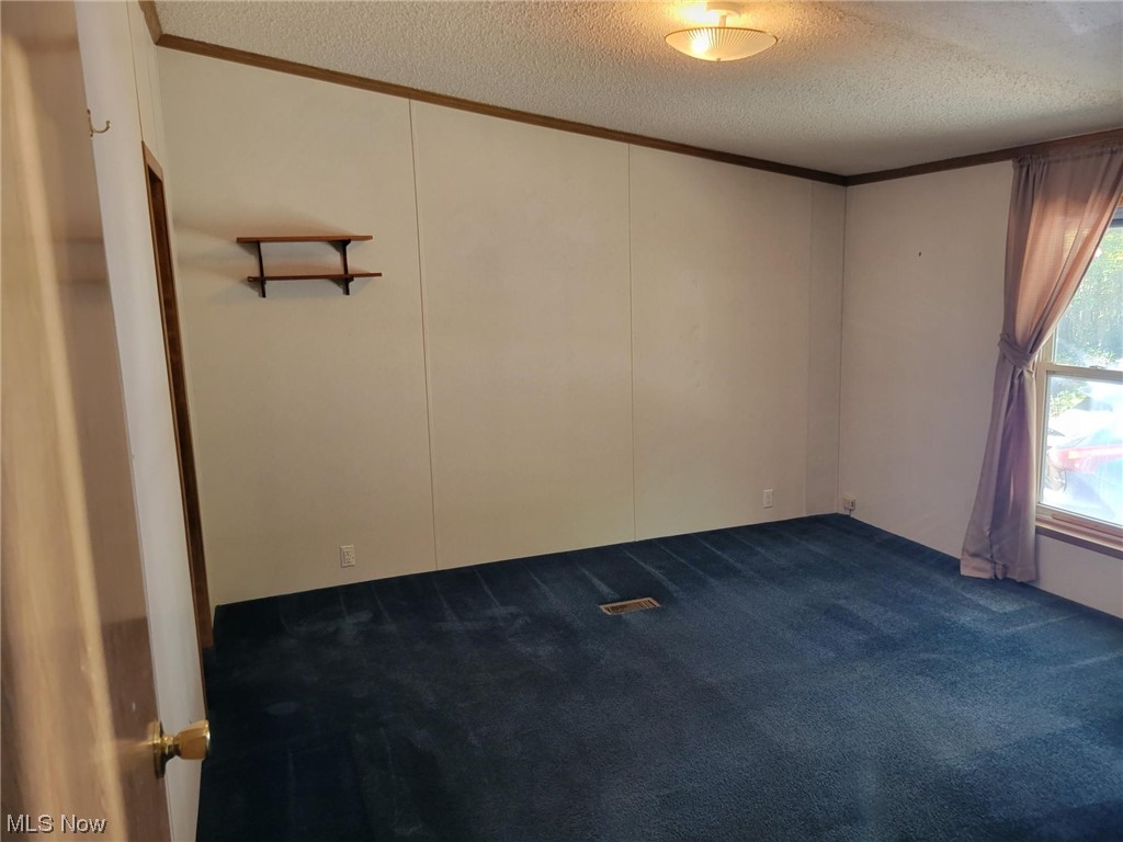 2450 Ferguson Road McConnelsville, OH 43756 - Photo 10 of 13 Unfurnished room featuring a textured ceiling, crown molding, and dark colored carpet