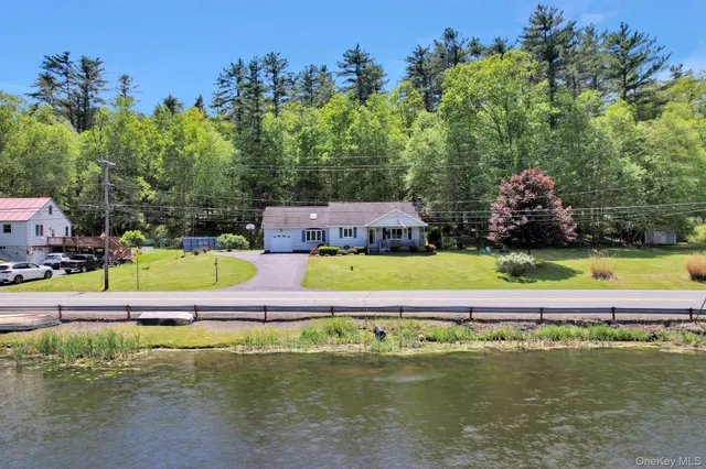 a view of a swimming pool and trees in the background