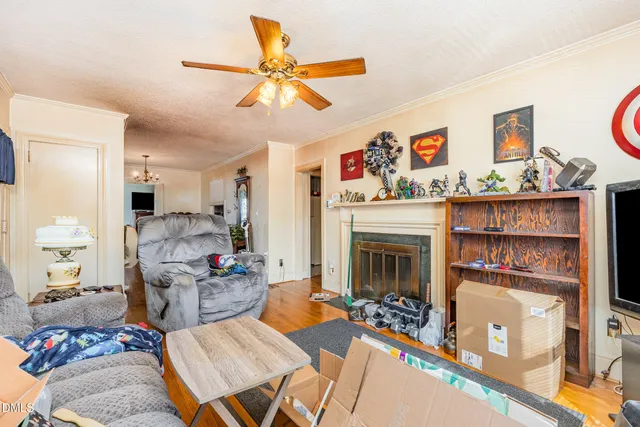 a living room with furniture and a fireplace