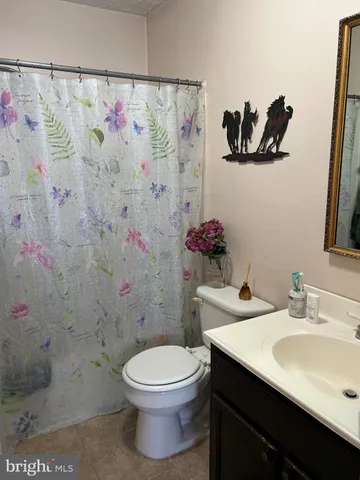 a bathroom with a sink mirror and toilet