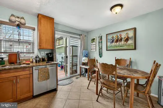 a view of a dining room with furniture and window
