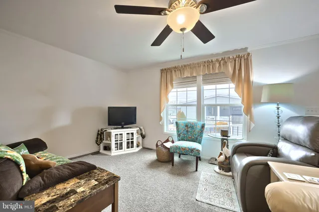 a living room with furniture ceiling fan and a window
