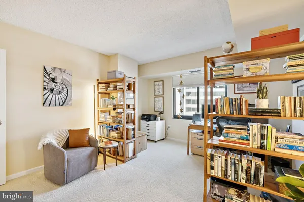 a living room with furniture and a book shelf