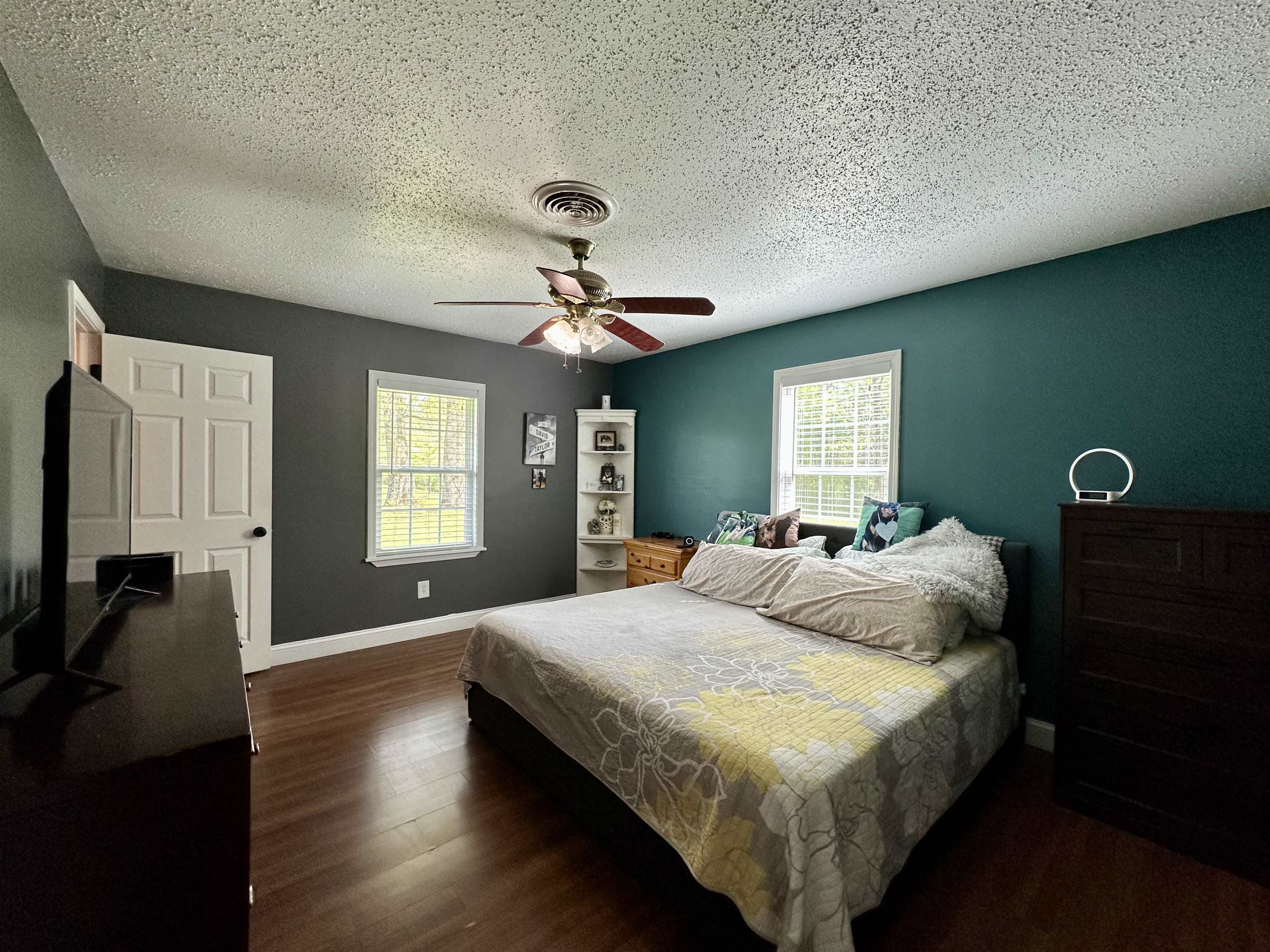 1230 Joann Road Somerville, TN 38068 - Photo 10 of 28 Bedroom featuring multiple windows, dark wood-style flooring, a textured ceiling, and ceiling fan